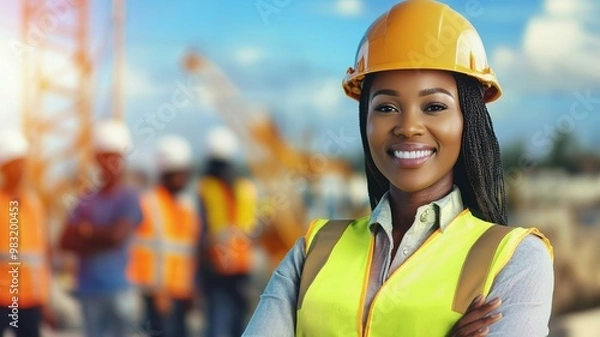 Fototapeta A woman wearing a yellow safety vest and a hard hat is smiling for the camera