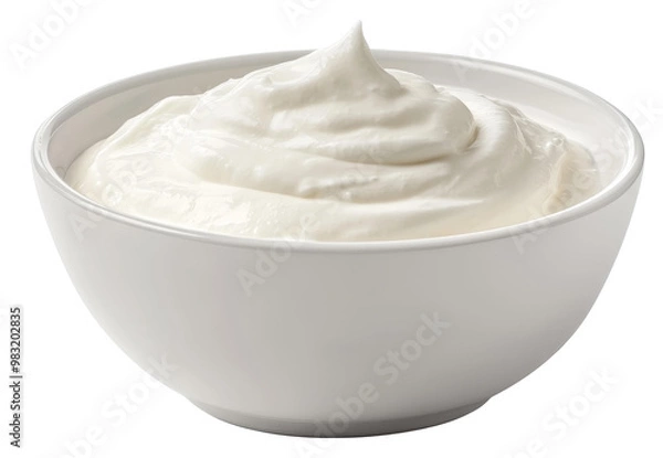 Fototapeta sour cream in bowl, mayonnaise, yogurt, isolated on white background, clipping path, full depth of field