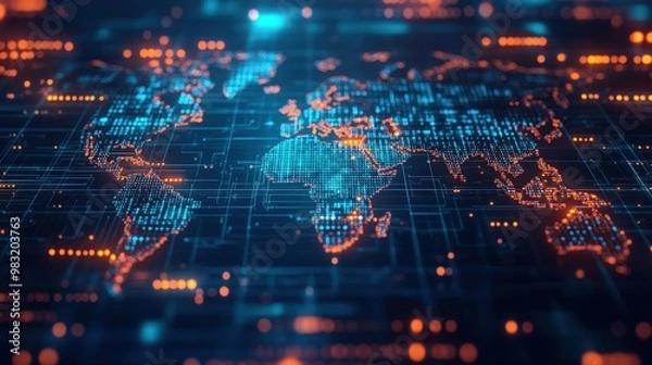 Fototapeta A futuristic, digital representation of the world map, rendered in vibrant blue and orange hues. The map is composed of interconnected lines and data points, suggesting global connectivity and digital