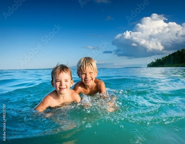 Fototapeta Happy summertime boys in the water