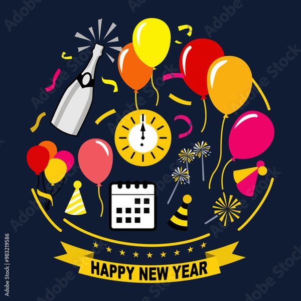 Fototapeta Illustration Happy New Year. Set of New Year elements: champagne, balloons, tinsel, Santa Claus hat, calendar, clock, fireworks, ribbons, etc.