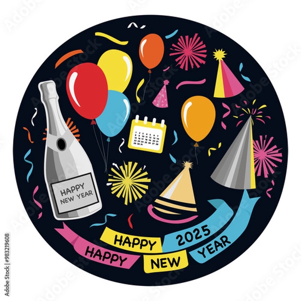 Fototapeta Illustration Happy New Year. Set of New Year elements: champagne, balloons, tinsel, Santa Claus hat, calendar, clock, fireworks, ribbons, etc.