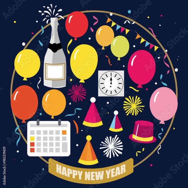 Fototapeta Illustration Happy New Year. Set of New Year elements: champagne, balloons, tinsel, Santa Claus hat, calendar, clock, fireworks, ribbons, etc.