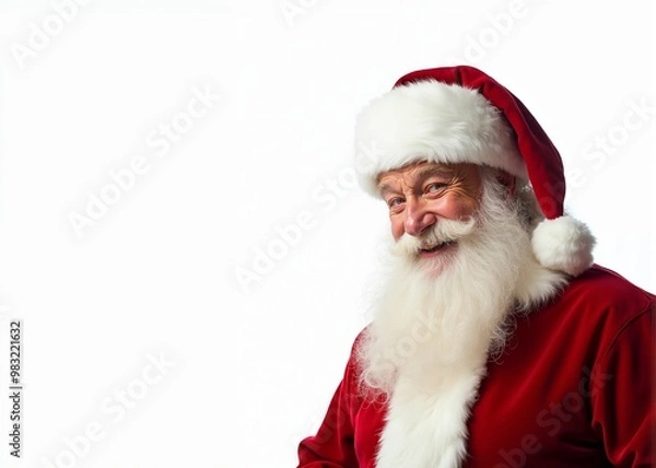 Fototapeta Santa Claus with jolly smile posing against white background with copy space