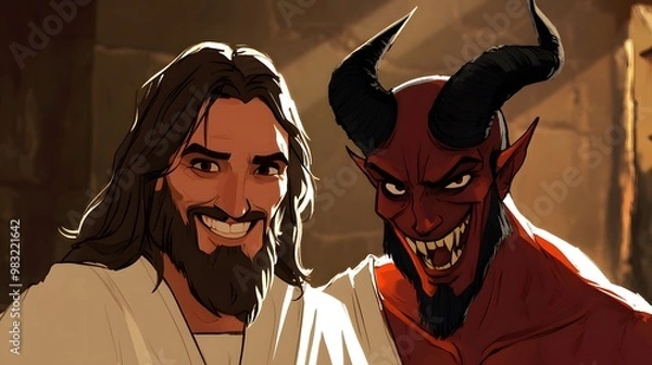 Obraz Jesus and the Devil, cartoon style