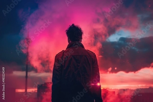 Fototapeta A person standing outside looking up at a bright blue and pink colored sky