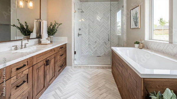 Fototapeta "A bathroom showcasing a natural wood cabinet with a white marble countertop, complemented by white herringbone tiles around the tub and a walk-in shower featuring large tiles."