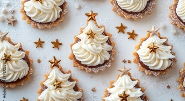 Fototapeta Festive mini dessert trees decorated with golden stars on a white table with pinecones