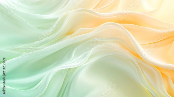 Fototapeta Smooth fluid waves of pastel yellow and mint green blending seamlessly into each other, forming a delicate, soft abstract background.