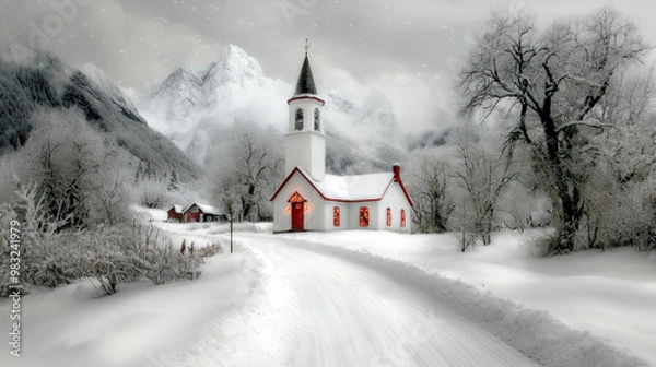 Fototapeta Nordic Winter Wonderland in the Mist A Serene Oil Painting Depicting a Snow-Covered Cottage Bare Trees  and a Lamp Post Shrouded in Fog Capturing the Tranquility of a Quiet Winter Day