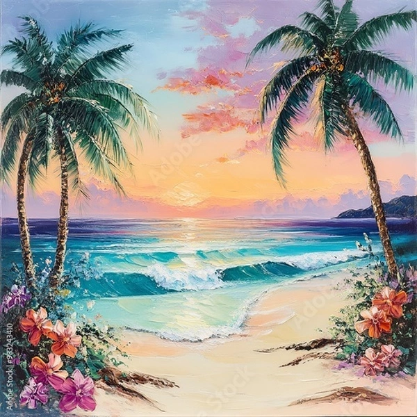 Fototapeta A beautiful paradise landscape background with clear skies, lush greenery, and calm waters, creating a serene and tropical atmosphere