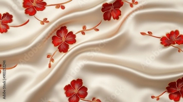 Obraz Red Floral Pattern on Beige Silk Fabric