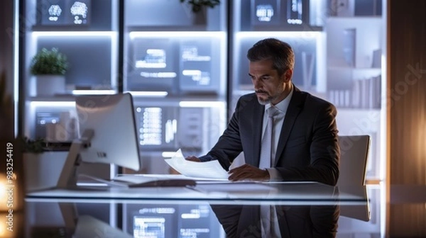 Obraz Professional Man Working Late at Office Desk