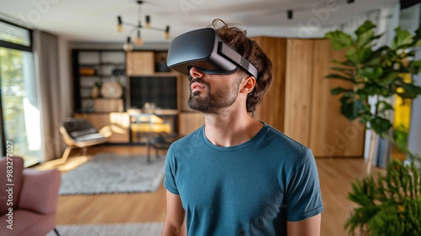 Fototapeta Man using virtual reality headset in modern living room