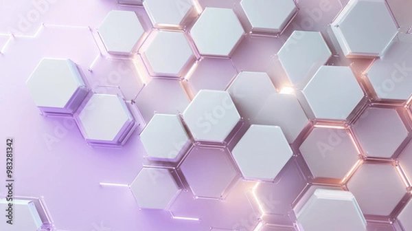 Fototapeta Networking backdrop with abstract hexagonal shapes in soft lavender and light gray, connected by thin glowing lines, symbolizing seamless data flow.