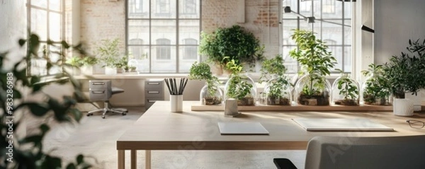 Fototapeta Scandinavian-inspired office space with a large oak desk, ergonomic chair, and a series of plant-filled terrariums to bring nature indoors