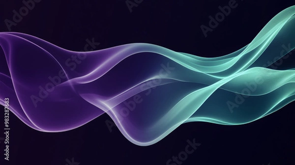 Fototapeta Smooth gradient lines in soft purple and light green flowing across a dark background, creating a calming and abstract wave effect.