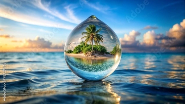 Fototapeta Water droplet featuring an island beach inside, tropical paradise scene, vibrant ocean colors