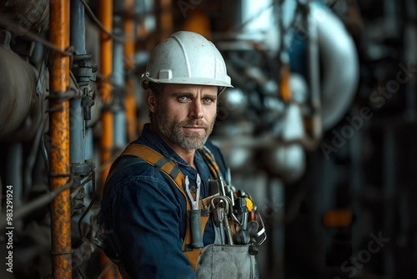 Fototapeta Worker adjusts heavy tool belt in industrial setting during daytime operations