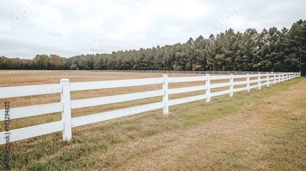 Fototapeta A beautiful horse pasture features a white wooden fence, surrounded by colorful trees in vibrant fall hues against a backdrop of rolling hills under a cloudy sky