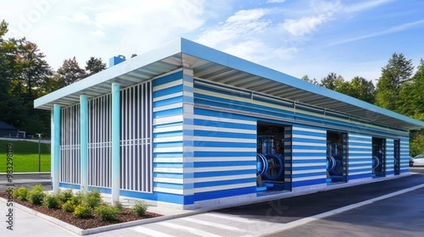 Obraz An innovative car wash structure with blue and white striped fiber cement siding, designed to withstand constant moisture and chemical exposure