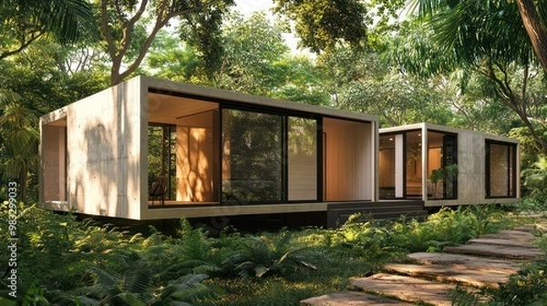 Obraz An innovative design of a modular home, each module clad in fiber cement siding, set in a lush green environment to demonstrate its durability in varying climates