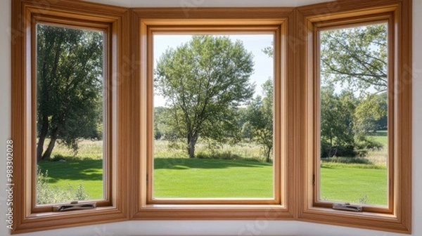 Fototapeta Looking out from a charming bay window, the bright summer day showcases a vivid blue sky and a green lawn, creating a serene and inviting atmosphere