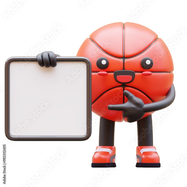 Fototapeta 3D Basketball Character Holding Blank Advertisement Board Pointing At Board Suitable For Marketing And Advertising Campaigns