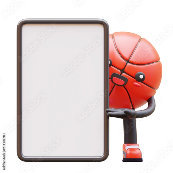 Fototapeta 3D Basketball Character Holding Blank Advertisement Board With Cheerful Expression Suitable For Marketing And Branding Campaigns