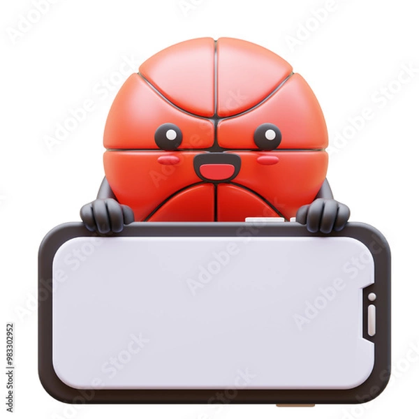 Fototapeta 3D Basketball Character Holding Blank Smartphone Screen Smiling Suitable For Social Media Content And Marketing Campaigns