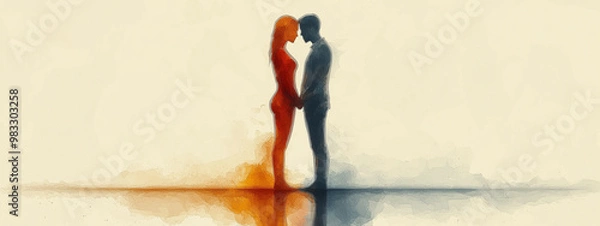 Fototapeta Harmony in Duality: Embracing Balance. Minimalist illustration of gender equality, contrasting silhouettes of masculine and feminine figures, intertwined in a supportive pose.