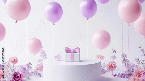 Fototapeta A minimalist white podium with floating pink and purple balloons, a small gift box with a ribbon, and a floral display for a heartwarming Mother's Day celebration.