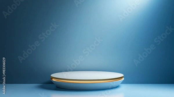 Fototapeta A sleek 3D podium with a white round pedestal and golden highlights, placed against a gradient blue background with clean spotlighting for premium products.