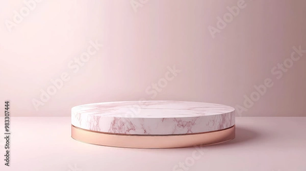 Fototapeta A luxurious 3D podium with a marble round pedestal and rose gold accents, set against a soft gradient background for an elegant product presentation.