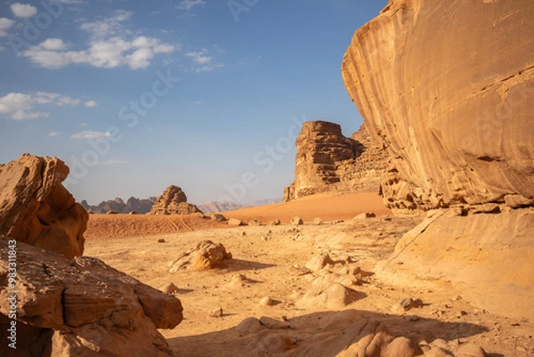 Fototapeta Beautiful Sunny Scenery of Wadi Rum in Southern Jordan. Jordanian Desert Landscape with Sandstone Rocks during Daytime in the Middle East.