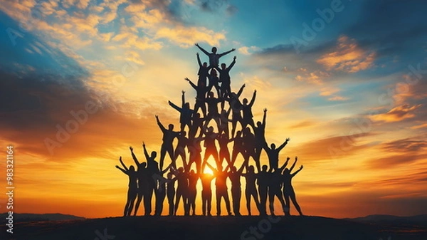 Obraz Silhouette People Teamwork Pyramid Celebration Unity Sunset Sky