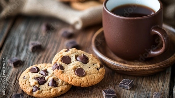Fototapeta A wooden table displays chocolate-chip cookies and a cup filled with a hot beverage.

