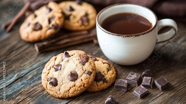Fototapeta A wooden table displays chocolate-chip cookies and a cup filled with a hot beverage.
