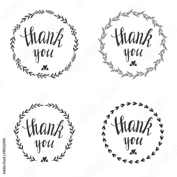 Fototapeta Set of four decorative frames with thank you text. Collection of decorative botanical borders. Vector  
