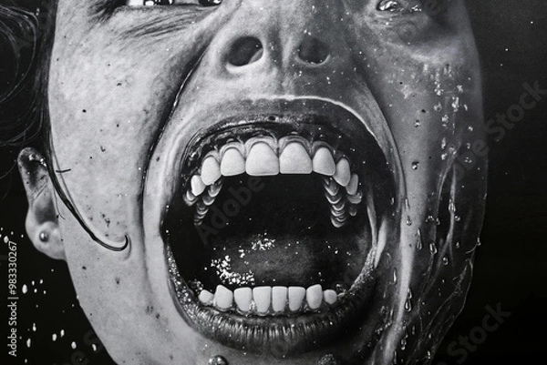 Fototapeta A black and white photo of a woman's mouth with water splashing on it