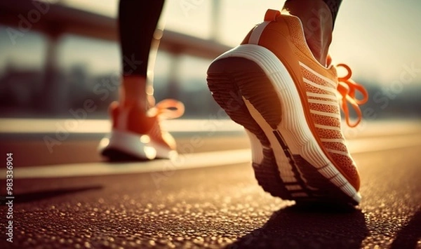 Fototapeta A person in new Nike shoes runs swiftly on a sunny beach