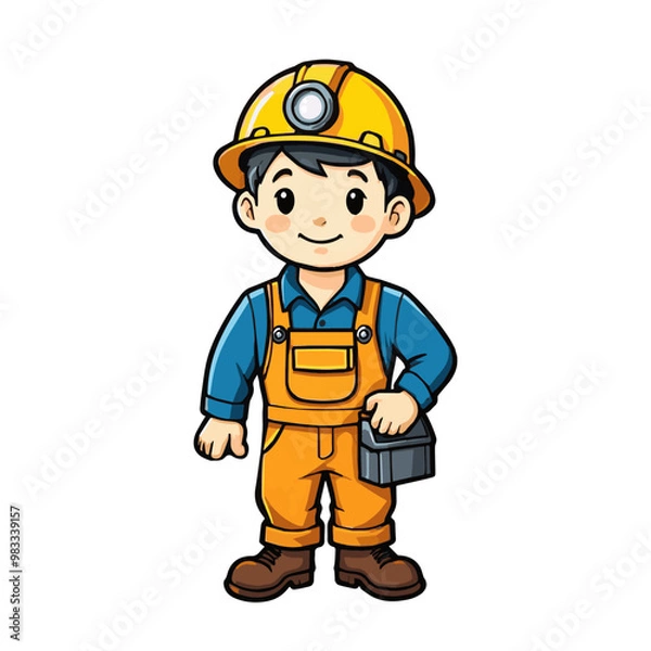 Fototapeta Little mine worker in uniform, cartoon character isolated on white