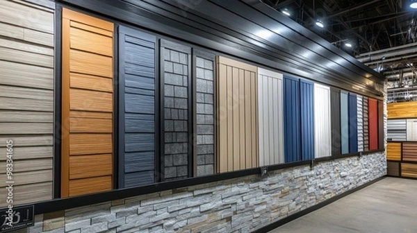 Obraz A fiber cement siding manufacturer's showroom, displaying a variety of colors and textures available for different climates and design preferences