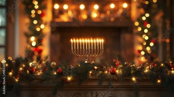 Fototapeta A Menorah with Lit Candles Set on a Mantle with Christmas Decor