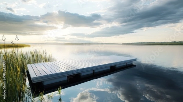 Fototapeta A floating dock on a tranquil lake, made from aluminum siding, designed to reflect the water and sky, creating a harmonious blend with the natural environment