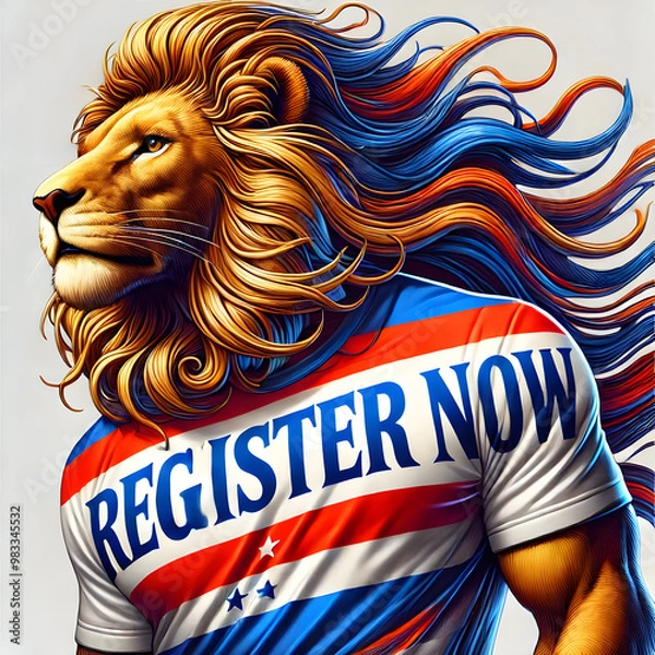 Fototapeta A dynamic and detailed image of a lion wearing a T-shirt with the text 'REGISTER NOW' printed on it. The lion is standing confidently. – election – vote – slogan – USA – US – president - America
