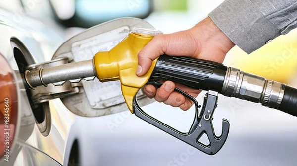 Fototapeta man hand holding a gas pump nozzle and filling up a car at the station is using a fuel benzin