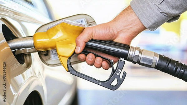 Fototapeta man hand holding a gas pump nozzle and filling up a car at the station is using a fuel benzin