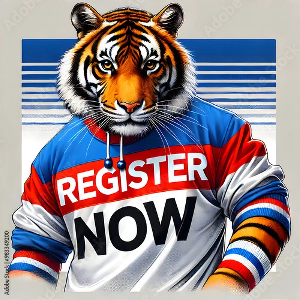 Fototapeta A dynamic and detailed image of a tiger wearing a T-shirt with the text 'REGISTER NOW' printed on it. The tiger is standing confidently. – election – vote – slogan – USA – US – president - America
