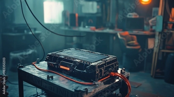 Fototapeta Industrial workshop with high-tech electrical equipment on a table, illuminated by warm lights, highlighting technical details and cables.